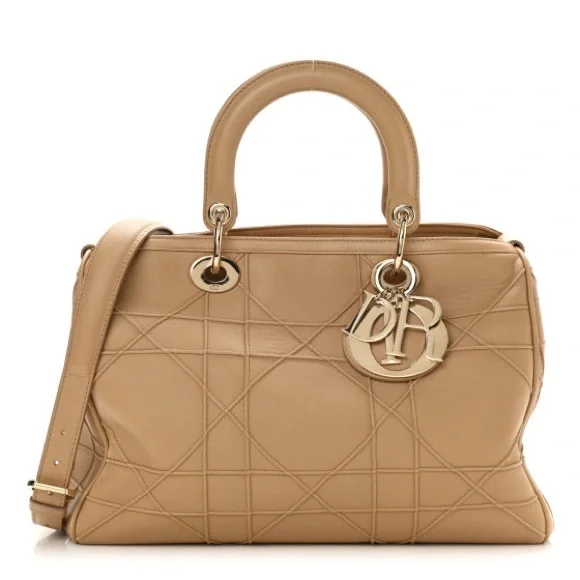 CHRISTIAN DIOR Beige Cannage Quilted Lambskin Leather Granville Polochon Bag - Picture 1 of 16